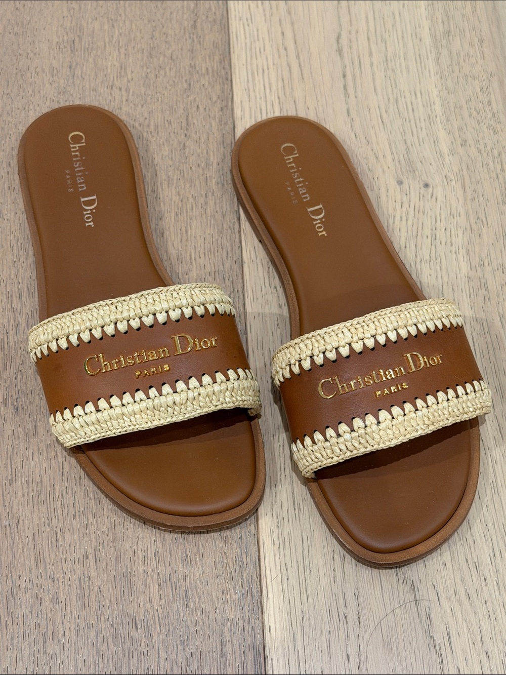Christian Dior Calfskin Raffia Dioriviera D-Lane Sandals Size 38 in Camel